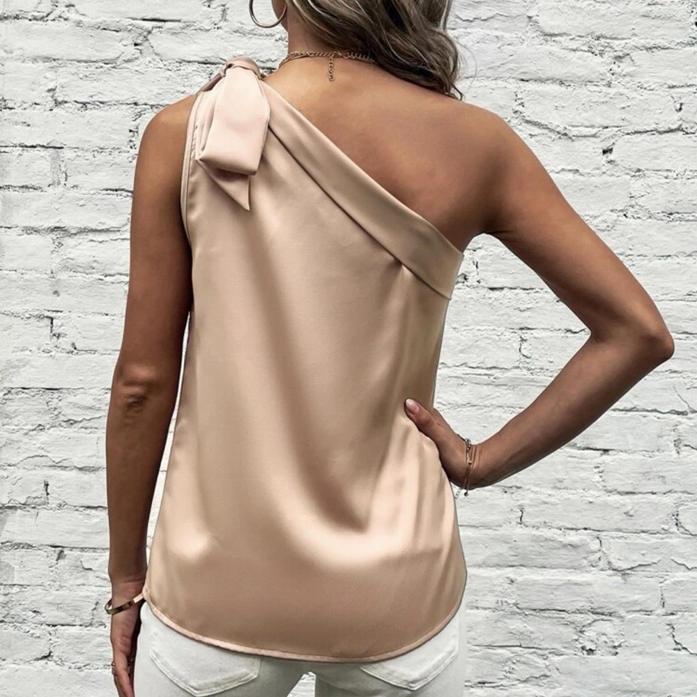 Satin silky one shoulder bow blouse tank top light pink - Picture 10 of 11